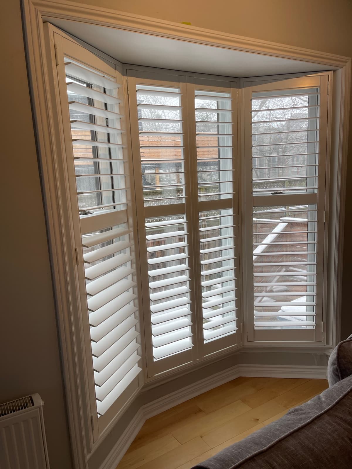 Custom California shutters in modern family room - GTA